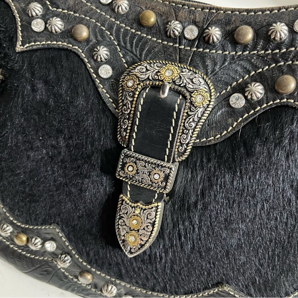 AMERICAN WEST Black Western Handbag Shoulder Bag Hair on Hide Leather Adjustable - Picture 8 of 11